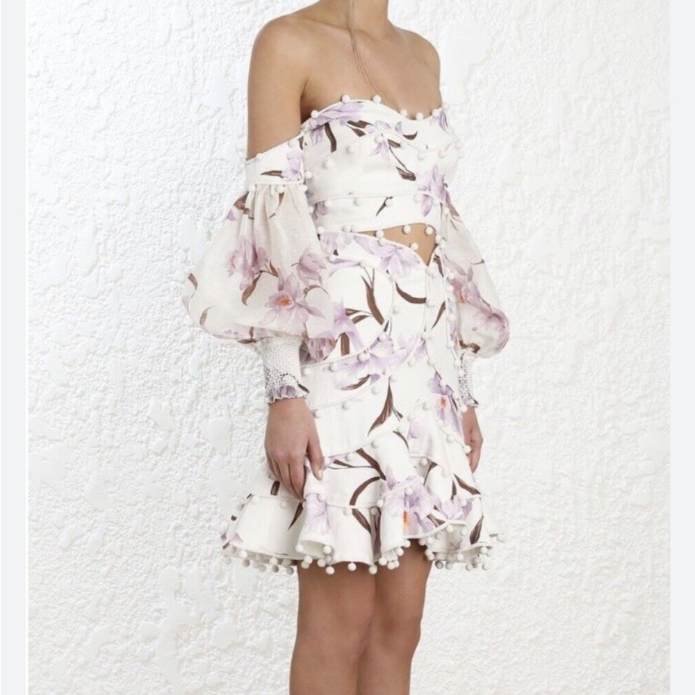 Skirt Set Floral pom pom trim Bodice off shoulder sheer sleeve crop top purple - Picture 11 of 15